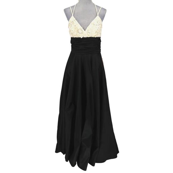 JS Collections Gown Womens 8 Black Ivory Beaded Ruched Lined Strappy Dress New - Picture 1 of 16